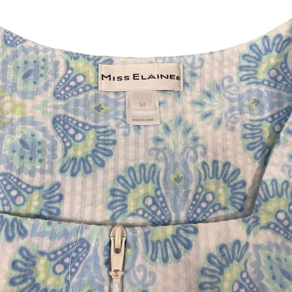 Miss Elaine Medium Full Zip White Blue Floral Robe‎ Lightweight Cotton Blend - Picture 3 of 5